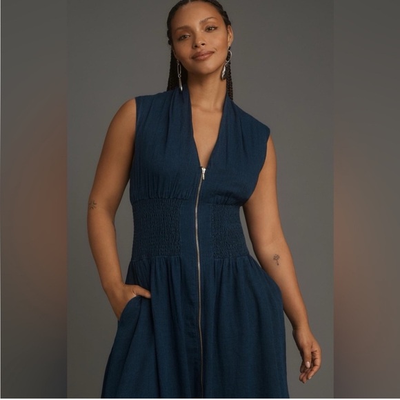 Anthropologie Dresses & Skirts - Anthropologie The Tommie Cap-Sleeve Smocked Front-Zip Shirt Dress Size L…